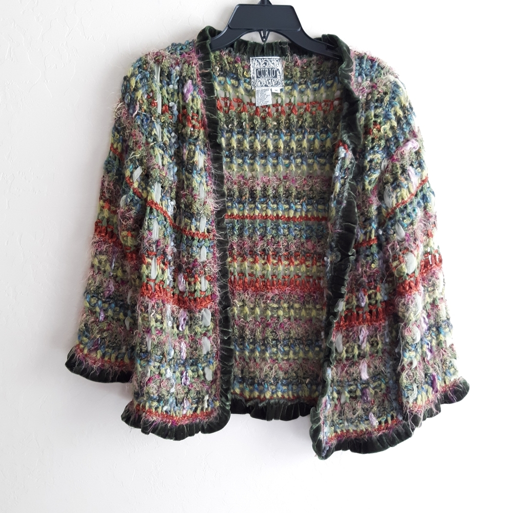 Cottage core woven ribbon and velevet  cardigan